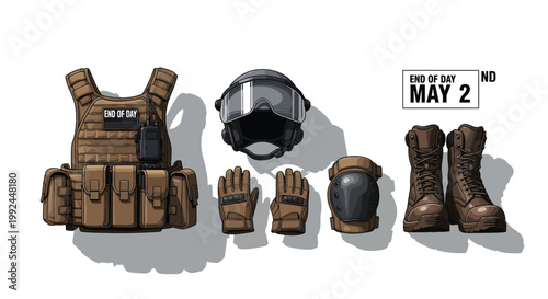 Tactical military gear set with brown ballistic vest and helmet, professional soldier equipment collection, combat boots and protective gloves vector