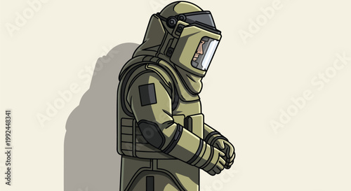 An illustration of a person wearing a heavy-duty bomb disposal suit for protection during hazardous operations