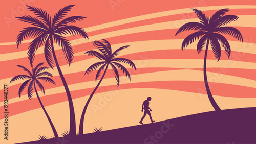Vibrant sunset beach scene with palm trees and human silhouette. Bold colors and minimalist vector style, ideal for travel, vacation, and summer themes.