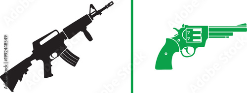 Black assault rifle and green revolver handgun silhouettes isolated on white background vector illustration