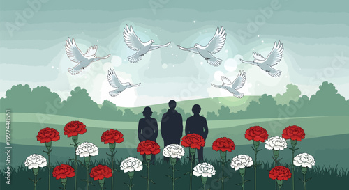 A poignant scene unfolds as doves soar above a solemn gathering, surrounded by vibrant carnations, symbolizing peace and remembrance