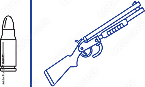 Blue line art vector illustration of a shotgun and bullet cartridge isolated on white background