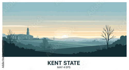 A serene landscape illustration of Kent State University's iconic building at sunrise, evoking a sense of peace and academic tradition