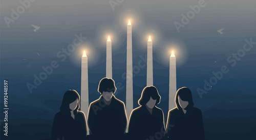 A group of four individuals silhouetted against a backdrop of five glowing candles under a dark, starry sky with subtle bird silhouettes