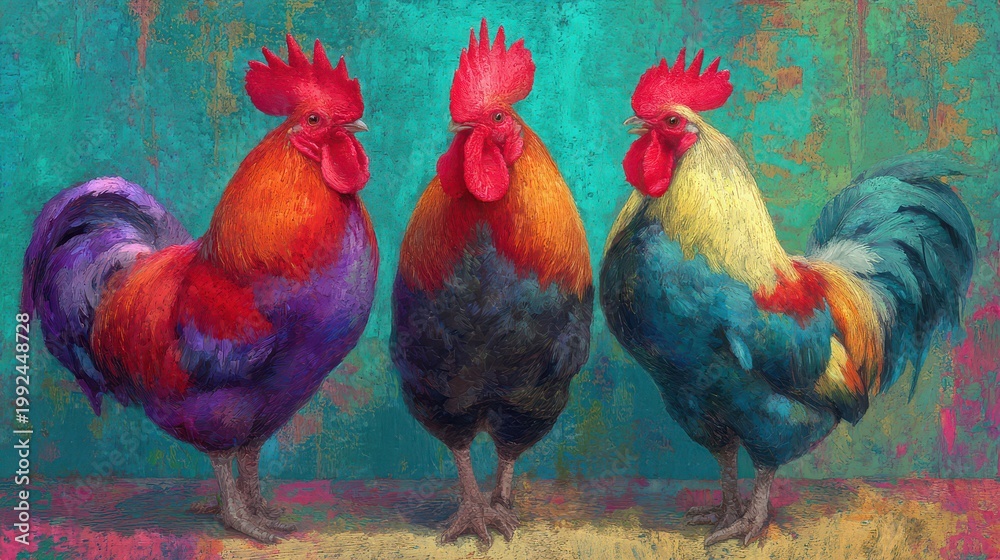Fototapeta premium Vibrant roosters standing proudly in bright colors