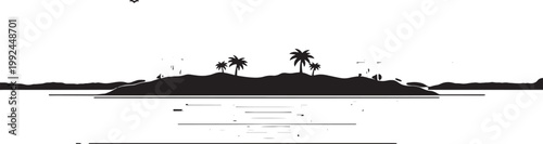Serene Island Silhouette: Palm Trees on a Tropical Island surrounded by Calm Water, Minimalist Horizon Scene