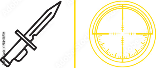 Minimalist bayonet and sniper scope crosshair line art vector icons isolated on white background