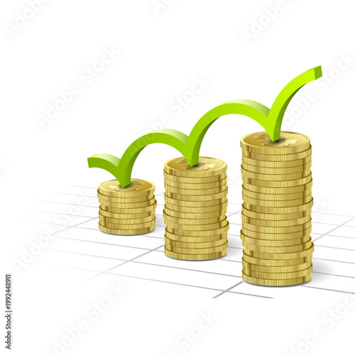 Financial growth and investment success depicted by a rising graph over stacks of gold coins, symbolizing wealth accumulation and economic progress
