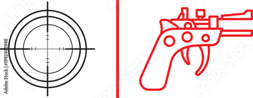 Minimalist vector illustration of a black target crosshair and red handgun icon isolated on white background