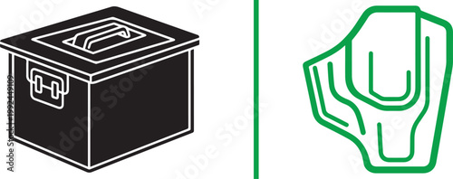 Minimalist tactical gear vector icons of a black ammo can and green pistol holster isolated on white background