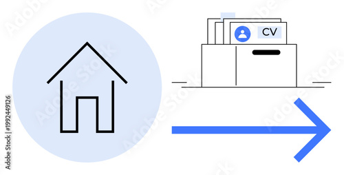 Remote work. Remote work ed through house icon, resume file management, and directional flow. Remote work and recruitment processes streamlined digitally. For HR, employment, career growth