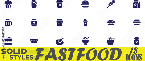 Vector Set of 18 Fast Food Delicious Snacks and Street Food Restaurant Solid Icons