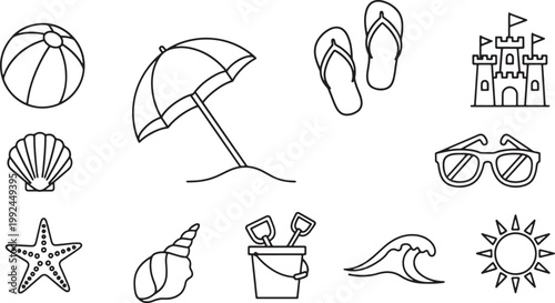 Summer Beach Vacation Icons Line Art