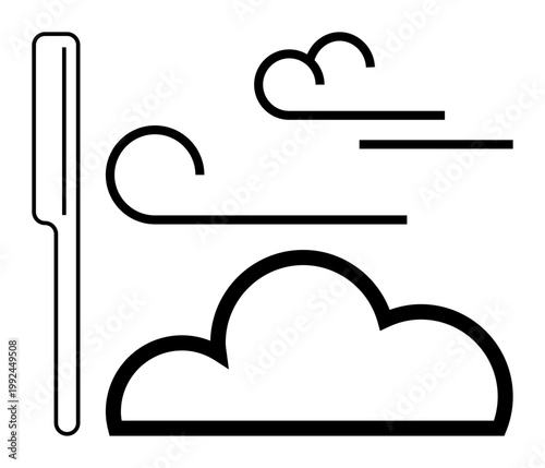 Weather forecasting, climate conditions, environmental symbols, temperature monitoring, wind direction, meteorology. Minimalist ion of wind, cloud and thermometer. Weather forecasting and climate
