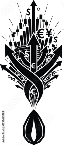 Abstract financial market growth vector illustration with arrows currency symbols and chart.