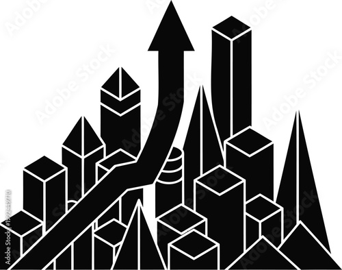 Urban growth concept illustration with business district skyscrapers and upward trend arrow.