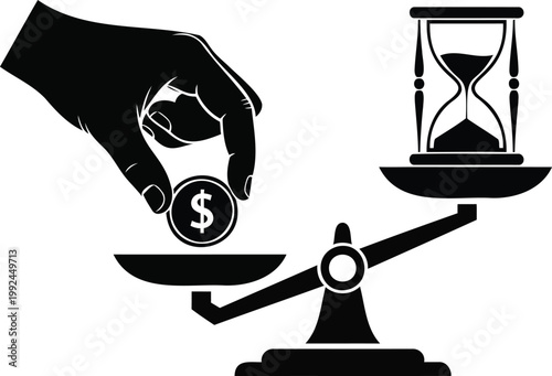 Vector illustration of hand placing dollar coin on scale against hourglass symbolizing time is money.