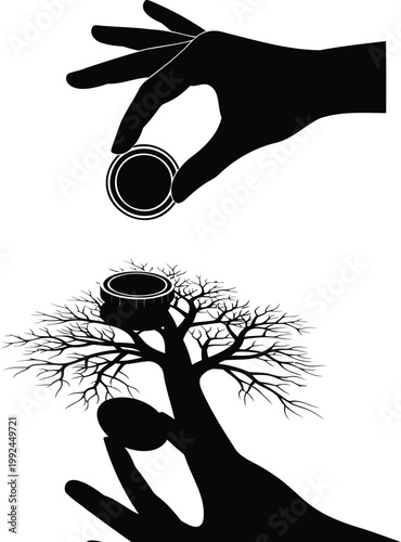 Vector illustration of hand planting coin into barren tree symbolizing financial investment growth.