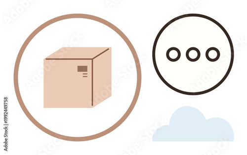 E-commerce, cloud computing, online communication, logistics, digital storage, shipping services. A box within a circle, message bubble and a cloud. E-commerce and logistics concepts