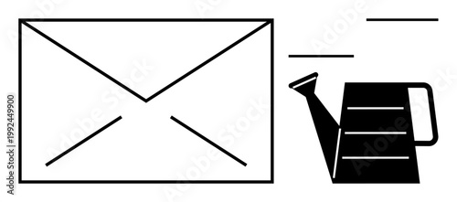 Communication, growth, nurturing ideas, minimalism, design concepts, visual messaging. Black-and-white graphic an envelope next to a watering can. Communication and growth