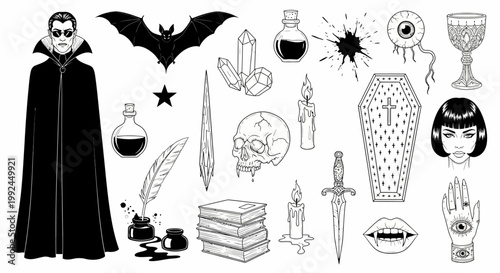 Halloween icons, spooky symbols, black and white vector graphics, creepy illustrations, 25 elements
