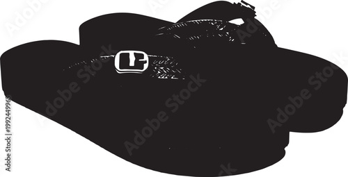 Black flip-flop sandals with decorative buckle detail, simple and stylish summer footwear isolated on white.