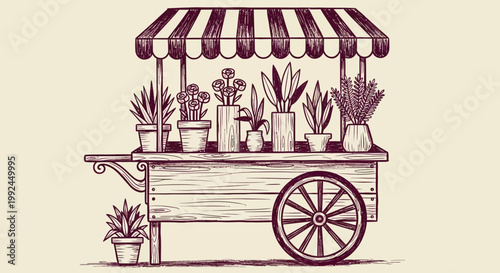 Vintage plant cart, potted plants, gardening illustration, botanical vector, striped awning