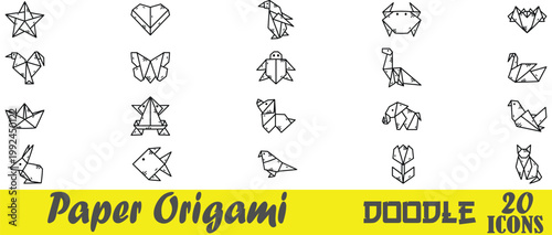 Vector Set of 20 Paper Origami Animals and Geometric Craft Doodle Outline Icons