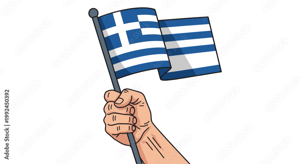 Obraz premium Hand holding Greek flag waving against white background, patriotic symbol