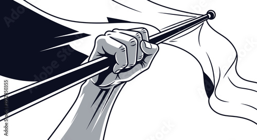 Hand holding flagpole with waving white flag, symbol of surrender or peace