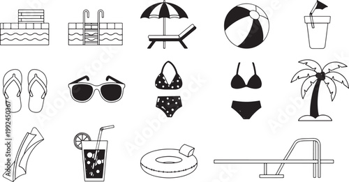 Vibrant summer icons for pool and beach fun: swimwear, drinks, toys, and relaxation essentials in a clean, graphic style.