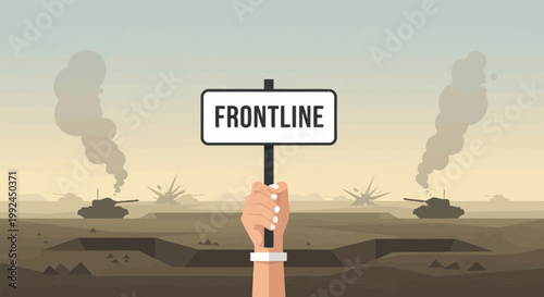 Hand holding Frontline sign amidst war zone with tanks and explosions