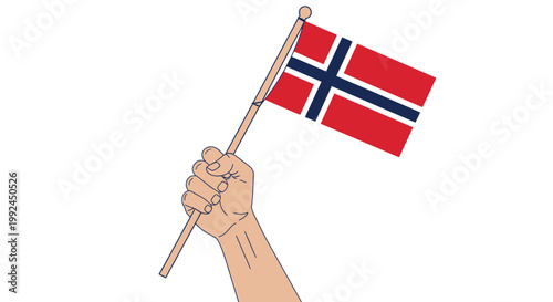 Hand Holding Norwegian Flag on White Background