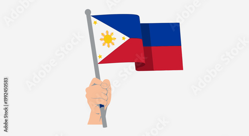 Hand holding Philippine flag, national symbol, independence day, patriotism, white background