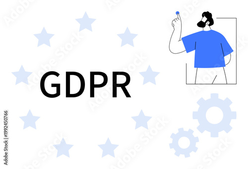Data privacy, cybersecurity, legal compliance, information management, technology, personal data protection. GDPR text with stars, gears and a person holding a key element. Data privacy