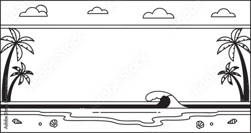 Stylized line art landscape of a tropical beach with palm trees, ocean waves, and shells under a cloudy sky.