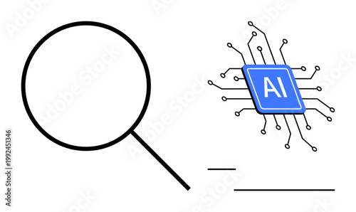 Artificial intelligence, data analysis, technology, research, innovation, digital tools. Magnifying glass and AI microchip illustration with circuits. Artificial intelligence and data analysis