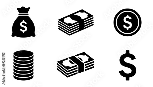 Set of money icons including a money bag, stacks of cash, coins, and a dollar sign symbol