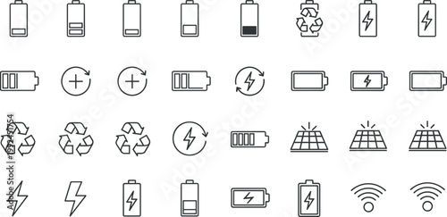 Battery and energy icons set with charging levels, lightning symbols, recycle signs, solar panels and power indicators, modern outline vector illustration collection