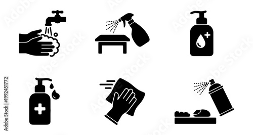 Set of cleaning and hygiene icons, including hand washing, surface disinfection, sanitizer, and cleaning spray