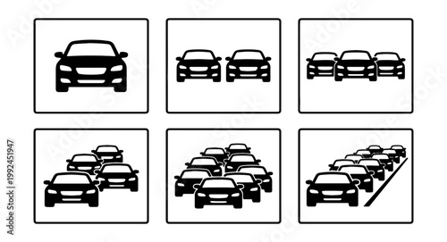 Set of icons representing traffic density and congestion levels with increasing number of cars