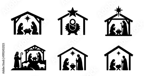 Set of christmas nativity scene icons, silhouettes of the holy family in the stable