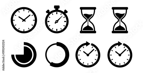 Set of time and clock icons, including stopwatch, hourglass, and loading symbols