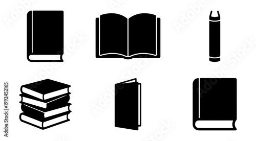Set of book icons, vector illustration of various book styles including open, closed, stacked, and spine views