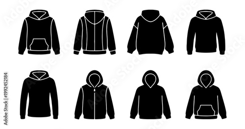 Photos Set of hoodie icons, vector illustration of different hooded sweatshirts, casual