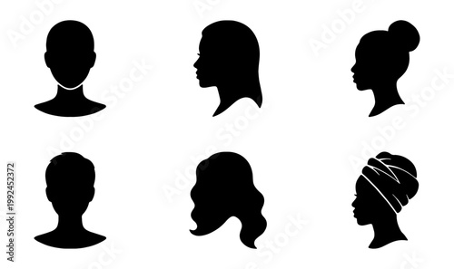 Set of female silhouettes, diverse hairstyles and headwear, vector icons