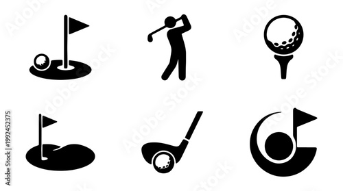 Set of golf icons, including golf ball on tee, golf club, and putting green with flag