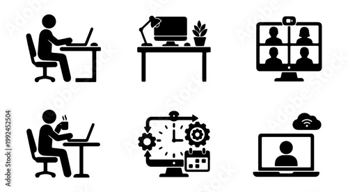 Set of icons representing remote work, online meetings, and digital office tasks