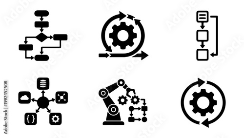 Set of workflow and process automation icons including flowchart, agile development, loop, system integration, and robotic manufacturing
