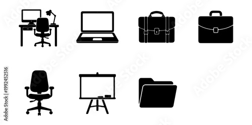 Set of office and business icons including computer desk, laptop, briefcase, office chair, whiteboard and folder